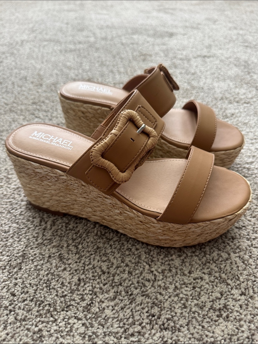 MICHAEL Michael by Michael Shannon Tan Woven Buckle Espadrille Wedge Sandals NEW